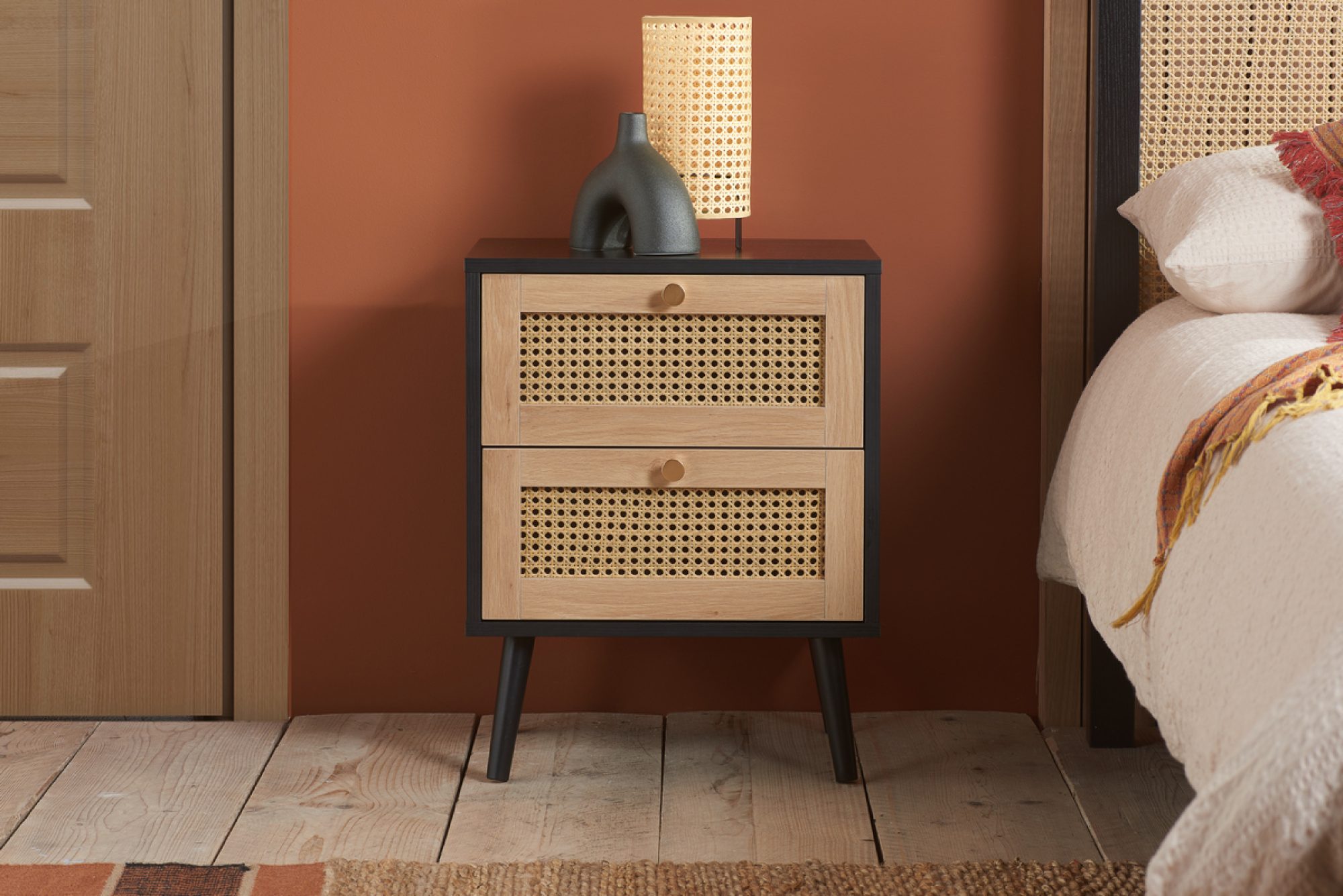 CROXLEY 2 DRAWER RATTAN BEDSIDE BLACK