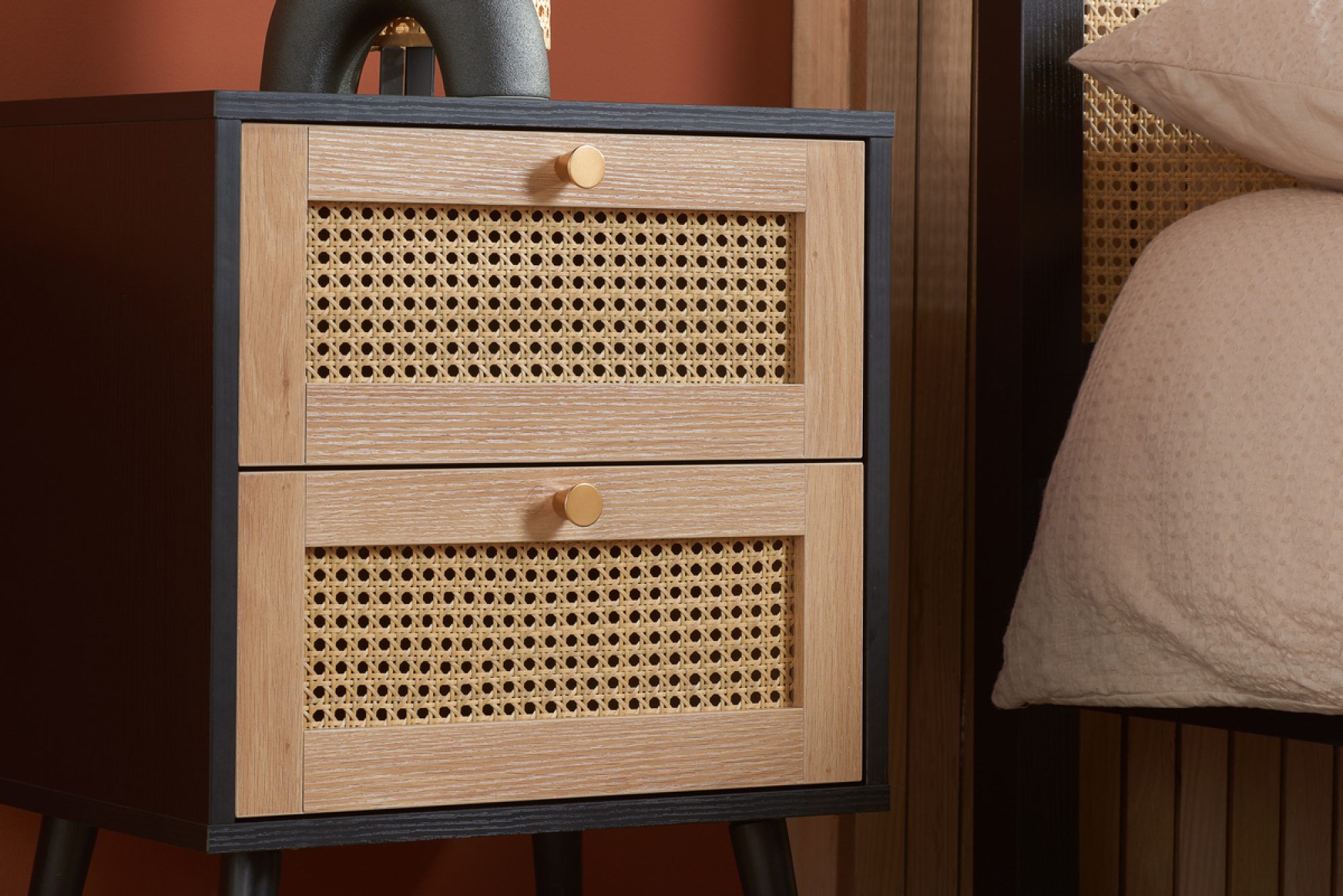 CROXLEY 2 DRAWER RATTAN BEDSIDE BLACK