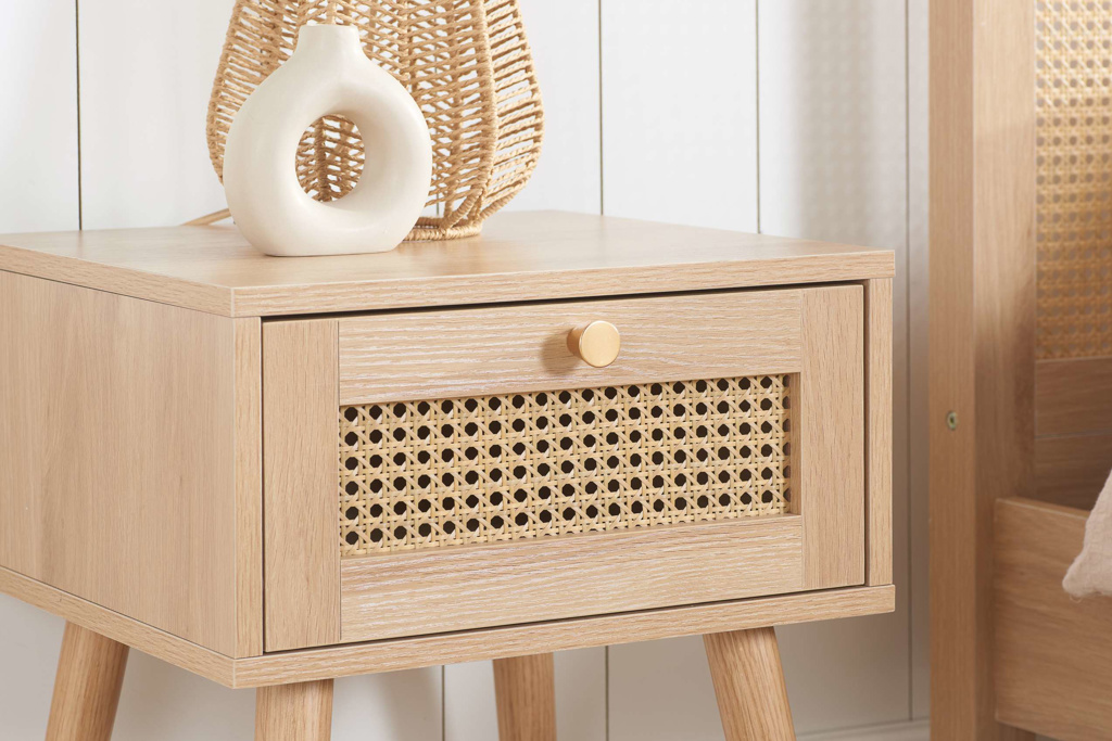 CROXLEY 1 DRAWER RATTAN BEDSIDE OAK