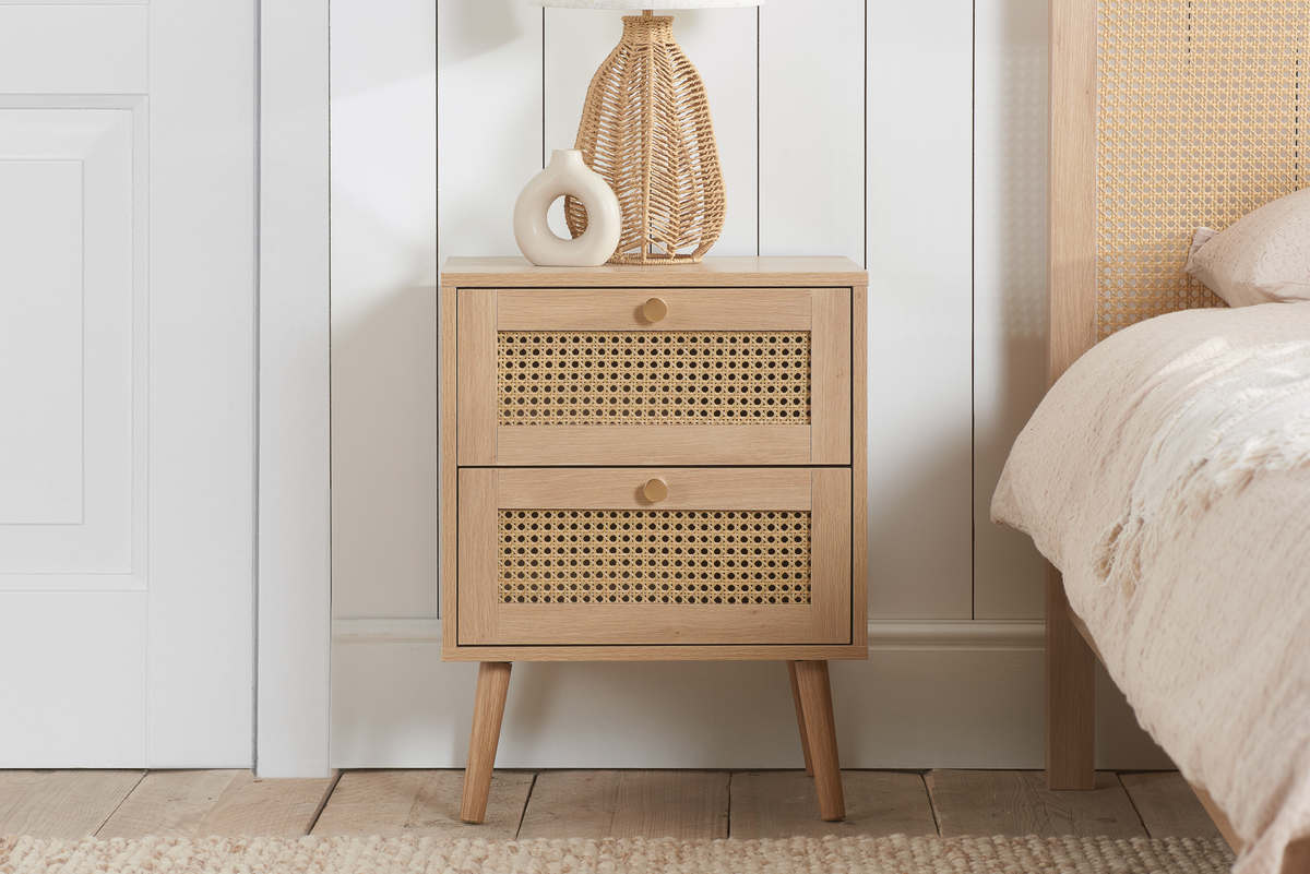 CROXLEY 2 DRAWER RATTAN BEDSIDE OAK